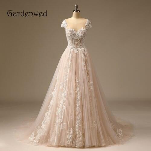 Princess Sweetheart Beading Appliques Wedding Dress Cap Sleeves Champagne A Line Lace Up Bride Dress