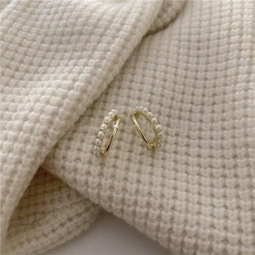 Minar Minimalist C Shape Simulated Pearl Earrings for Women Gold Color Alloy Double Layered Cross Hoop Earrings Vintage Jewelry