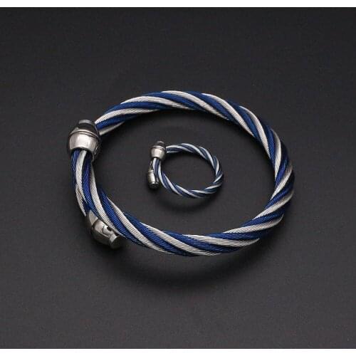 New AArrivals Men/Women Fashion Jewelry Stainless Steel Blue&Steel Wire Twist Open Wild Cable Cuff Bracelet Bangle Ring