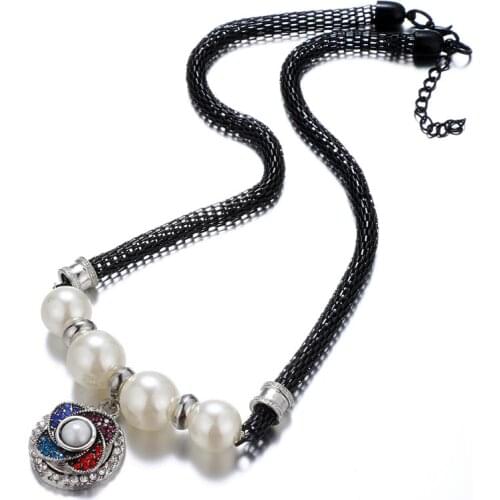 NEW DJ0092 Elegant Vintage Rhinestone Imitation pearls Snap necklace 60cm fit DIY 18MM snap buttons jewelry wholesale