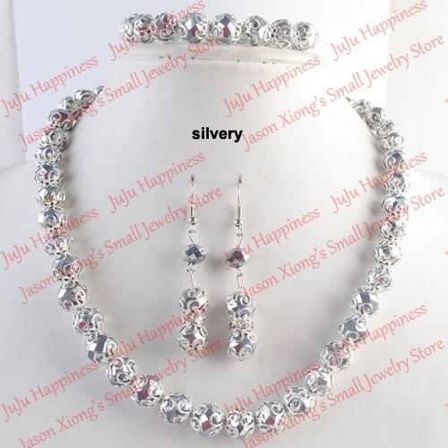 One set Handmade Silvery Crystal Glass Beads Jewelry Set Necklace,Earring and Bracelet 240