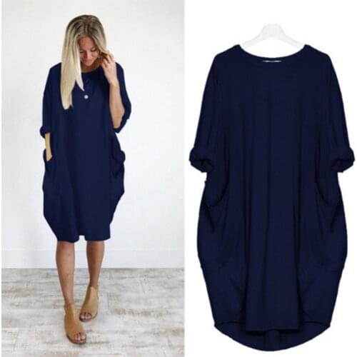 Платье Women Casual Solid Color woman dress O Neck Long Sleeve dress Pockets Knee-length Baggy Dress robes 2020 платье летнее