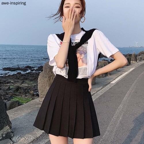 Sexy Women Short Skirt Cute Female Pleated Plus Size High Waist Solid Color Mini Skirt Summer Female Plaid Lining Black Korean