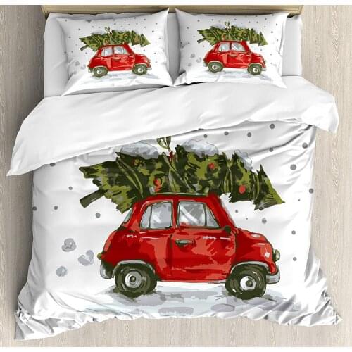 Christmas Duvet Cover Set Red Retro Style Car Xmas Tree Vintage Family Style Illustration Snowy Winter Art Decorative 3 Piece