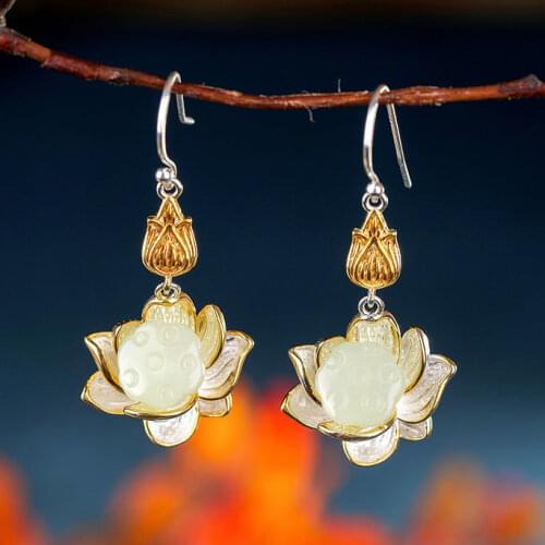 S925 Sterling Silver Inlaid Natural Hetian Jade White Jade Lotus Lotus Earrings Personalized Palace Style Retro Earrings Jewelry