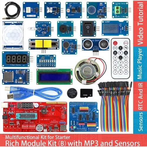Rich Sensor Module Starter Kit Atmega328P Development Board w/ IO Shield MP3 DS1307 RTC LCD IR NTC Touch Compatible for Arduino