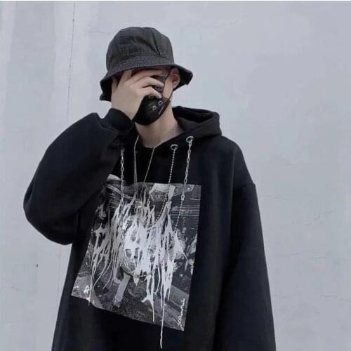 Dark black hoodie high street retro thorn print plus velvet loose hooded pullover sweater punk Harajuku hoodie Oversize clothes