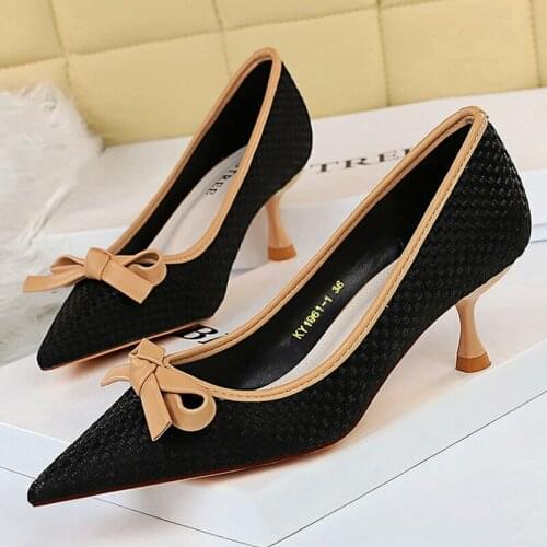 BIGTREE Shoes High Heels Women Shoes Lady Butterfly Knot Kitten Heels Fashion Weave Pumps Pointed wedding shoes for women 2021