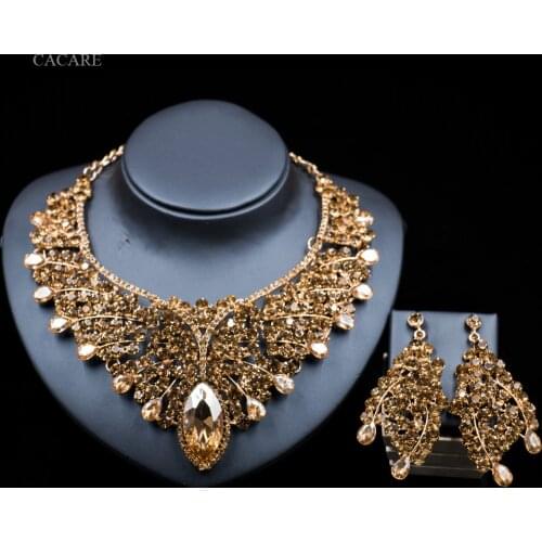 Vintage Jewelry Sets Women Big Necklace Earring Set Dubai Gold Indian Jewellery F1105 Rhinestone Party Jewels 6 Colors CACARE