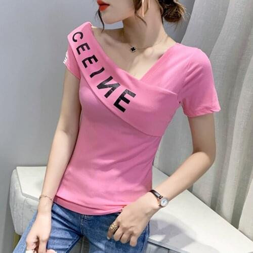 2021Summer The New Off Shoulders T Shirt Women Short sleeve printing Slim Tshirt Tops woman t shirts Large size