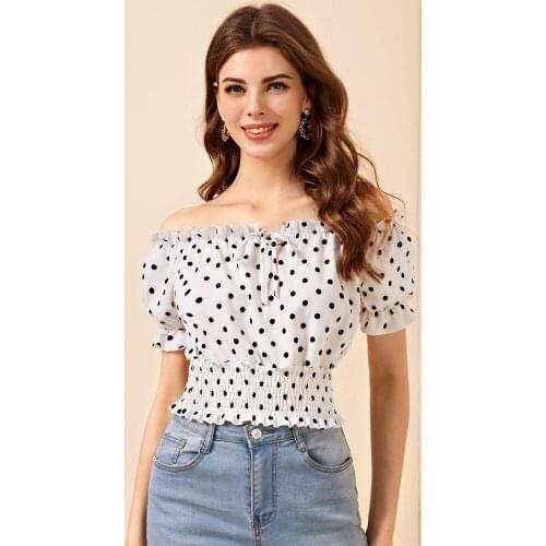 Summer Polka Dot Chiffon Shirt Women Slash Neck Off Shoulder Crop Top 2021 New Short Sleeve Ruched Short Blouse