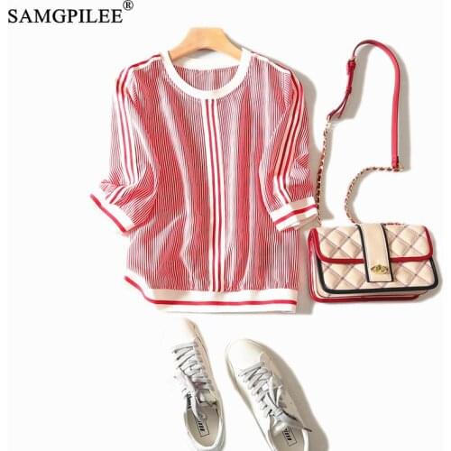 Women T-shirts 2021 Office Lady Chiffon Three Quarter Sleeve Top Summer Female Striped Tshirt Oversize O-neck Women Summer Shirt