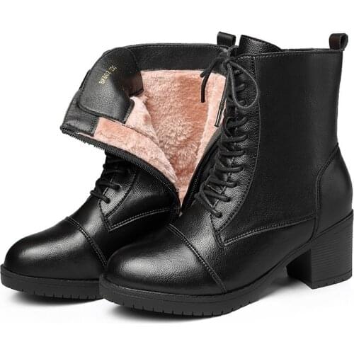 2021 Winter Woman Boots Ladies Black Leather Ankle Boots Square High Heels Fmale High Heel Platform Zipper Womens Shoes