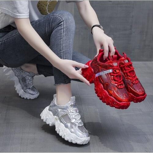 2021 Fall Hot Sale Sneakers Women Platform Shoes Sequined Lace-Up Vulcanize Shoes Female Trainers Dad Shoes Increase 5cm