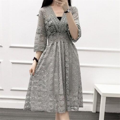 Gowyimmes New Autumn Two Pieces Lace Dresses Elegant Women V-neck Dress Sexy Hollow Out Dress Vestidos Sim Dress Bottomings P441