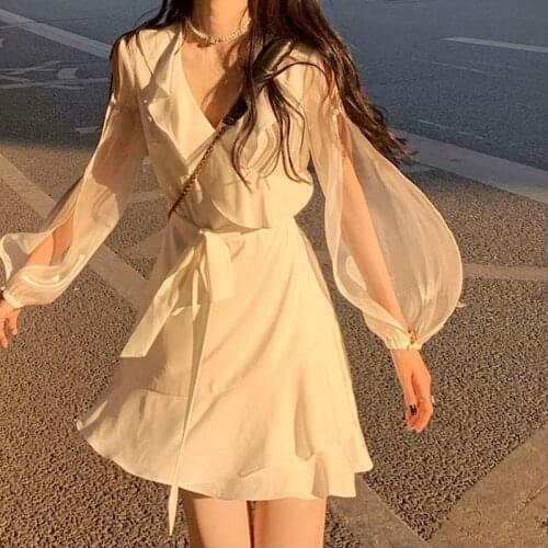 Women Dress 2021 New Korean Lady Chiffon Sweet Gauze Puff Sleeve V-Neck Summer Solid Full MINI Girls Dress Small Fresh