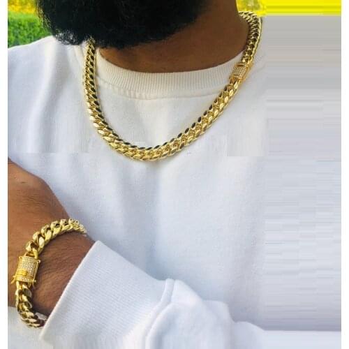 Gold filled Rock hip hop men boy jewelry wide cuban link chain micro pave cz clasp high quality Cool Miami bracelet necklace set