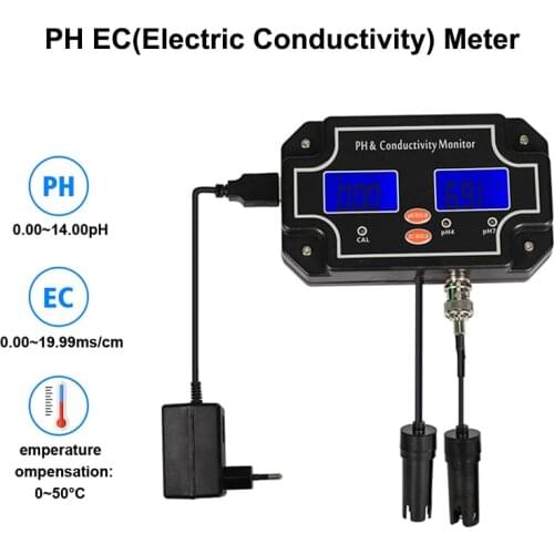 PH-2681 PH EC 2 in 1 Online Monitor Meter Water Quality Tester Conductivity Analyzer PH EC Meter ATC for Swimming Pool Aquarium