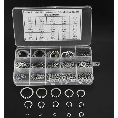 225pcs/set 304 Stainless Steel Internal External Retaining Circlips Washers Snap Retaining Ring Circlip Assortment Kit