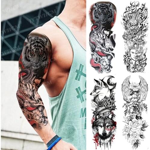 Large Temporary Tattoo Sleeve Waterproof Arm Sticker For Men Lion Tiger Wolf Angel Wings Fake Tatoo Totem Flash Art Tatto Female