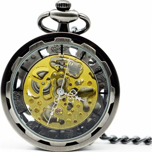 Black Steel Mechanical Pocket Watch Steampunk Vintage Hollow Analog Skeleton Hand Winding Mechanical Pocket Watch PJX1222