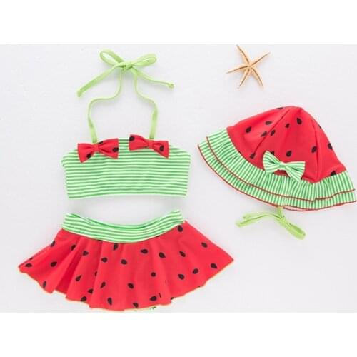 Children Girls Swimwear Lovely Cute Child Baby Girl Swimming Bathing Bikini Set Cap+Skirts+Tops Bathing Suit Lovely Girls Biquni