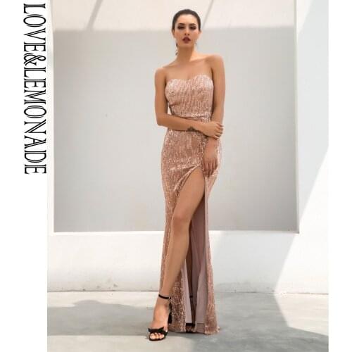 LOVE&LEMONADE Champagne Tube Top Cut Out Fish Tail Shaped Elastic Sequin Material Long Dress LM81142
