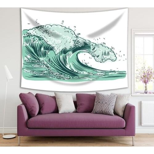 Tapestry Ocean Waves Cartoon Summertime Adventure Nature Theme Light Green Monochrome Artwork Printed