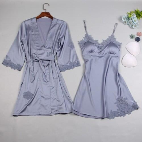 Brand New Silk Satin Women Robe & Gown Sets Summer 2 Pcs Sleep Dress+Robe Sleepwear Sexy Night Gown Nightdress Home Wear 2020