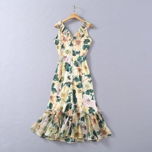 Runway Fashion Women 2021 Summer V-Neck Sleeveless Ruffles Yellow Flower Print Elegant Party Holiday Dress