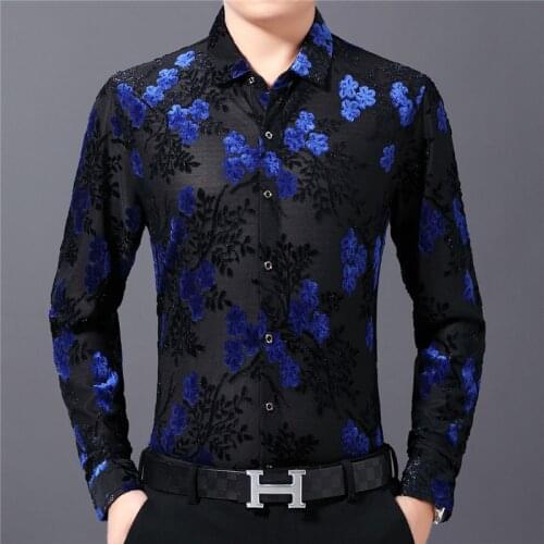 2020 Spring Long Sleeve Slim Fit Sexy Transparent Shirt Men Camisa Hombre Flower Print Velvet Shirt Club Party Chemise Homme