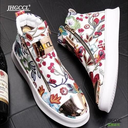 Brand fashion mens high top embroidered shoes double zipper mens casual shoes red gold mens Martin shoes sports