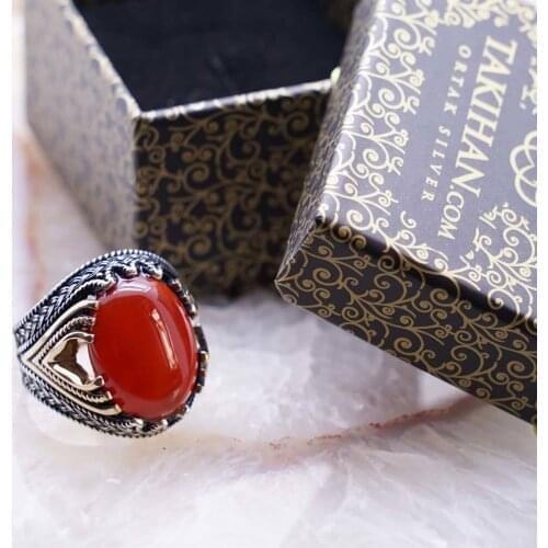 925 sterling Silver Red Agate Stone Men 'S Ring