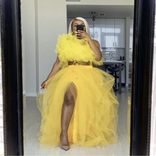 2020 Trend Streetwear Yellow Skirt Ruffles Slit Tulle Womens Skirts Floor Length Cheap Casual femme jupes Custom Made