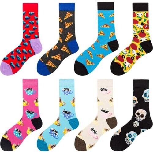 Men Cotton Happy Socks Food Pizza Cheese Cup Cat Cool Soft Colorful Fashion Funny Socks Adult Casual Crew Socks Autumn Winter