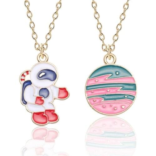 Astronaut & Planet Outer Space Charms on Goldtone Chain Necklace Science NASA Rockets