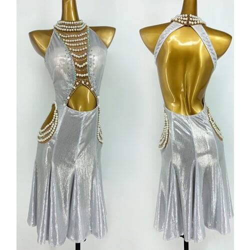 Latin Dance Competition Dress Silver High End Pearl Crystal Backless Sexy Latin Dress Women Girls Prom Wear Stage Costume BL6587