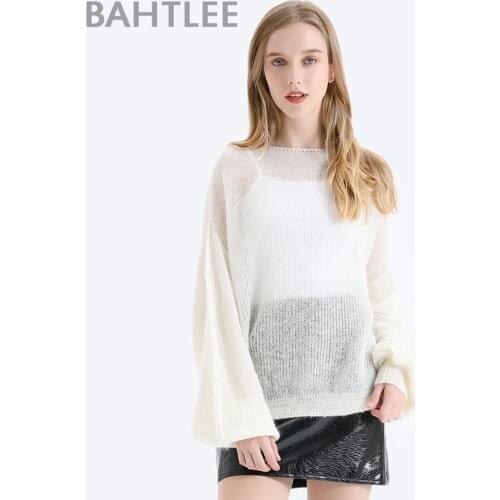 BAHTLEE Spring Autumn Women Mohair Lantern Sleeves Sweater Wool Knitted Jumper Pullovers Slash Neck Pure Solid Color Loose