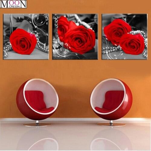 Triptych DIY Diamond Painting Cross Stitch Red Rose White Diamond Mosaic Full Square Drill DIY Diamond Embroider Decoration Kits
