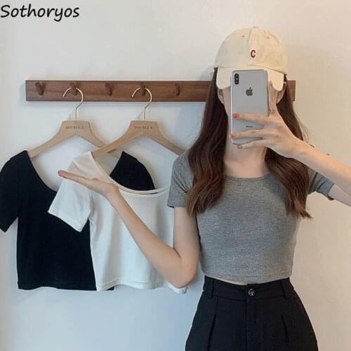 Short Sleeve T-shirts Women Solid O-neck Simple Basic Crop Tops Slim Chic Trendy Casual All-match Streetwear Elegant Sexy Womens