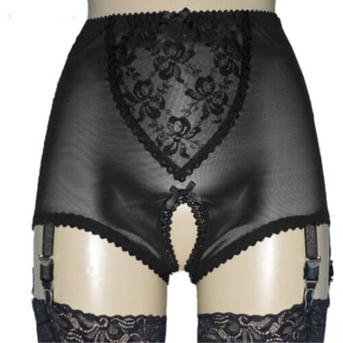 Womens High-waist Crotchless Garter Panty Lace Mesh Lingerie 6 Strap Suspender Females Sexy Perspective Crotchless Briefs