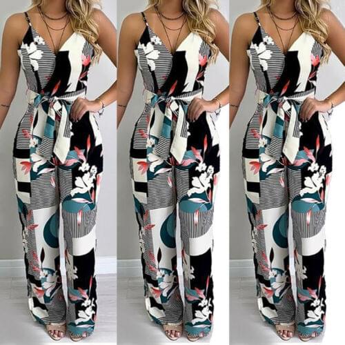 Women Summer Casual Sleeveless Strap Jumpsuit Loose Print Wide Leg Pants Suit Playsuit