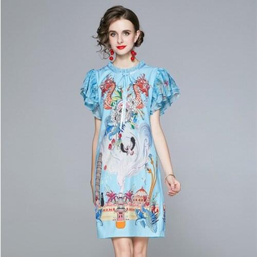 Summer Fashion Designer Dragon Print Cartoon Dress Women Ruffles Butterfly Sleeve Lace-up Bow Blue A-Line Mini Dress k5035