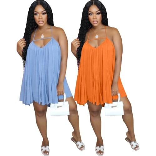 2021 Summer New Style Mini Loose Pleated V-Neck Open Back Blue Suspenders Party Ladies Dress