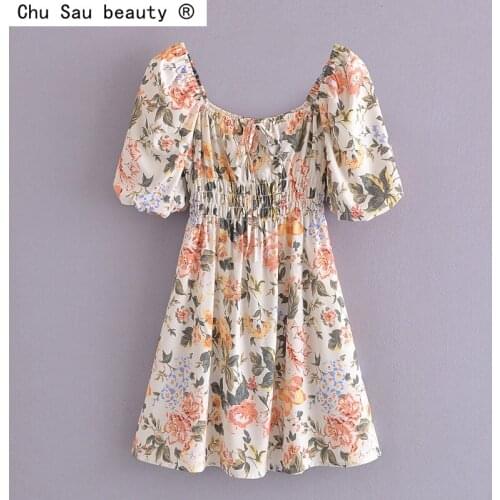 2021 Summer New High Waist Vintage French Floral Print Elastic Waist Puff Sleeve Square Collar A-Line Dress Women