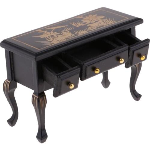 1/12 Miniature Doll House Furniture Vintage Wooden Table Desk with 3 Drawers Dollhouse Accessories