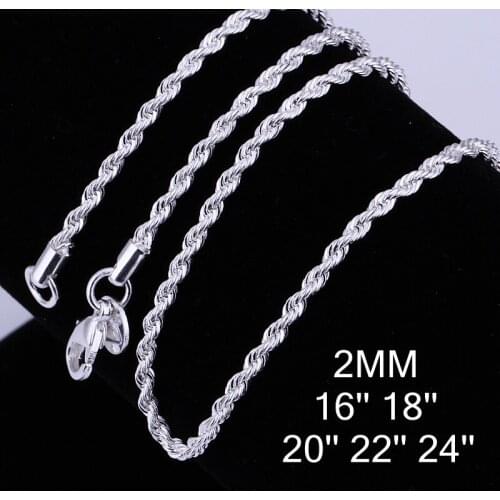1PC 2mm Width Pure . Sterling Silver color Charm Rope Necklace Chains Jewelry With Good Quality Lobster Clasps Set 16-24Inches