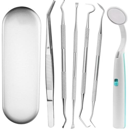 6Pcs/Set Teeth Cleaner LED Light Oral Kit Mirror Plaque Remove Tooth Stain Eraser Tool Teeth Polisher