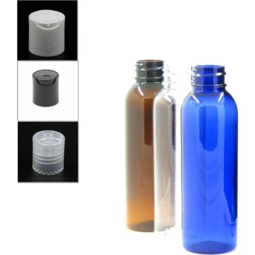 60ml empty cosmo round plastic bottle, clear/blue/amber pet bottle with transparent/black/white disc top cap X 5