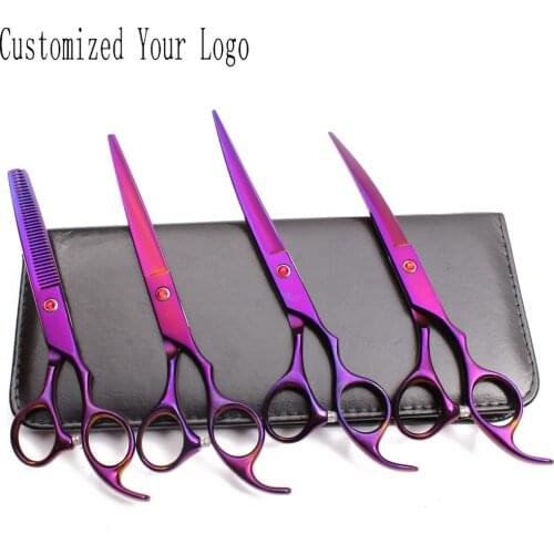 7" Stainless Engraving Logo Purple Animal Shears Cutting Scissors Thinning Shears Curved Shears Professional Pets Scissors C3003